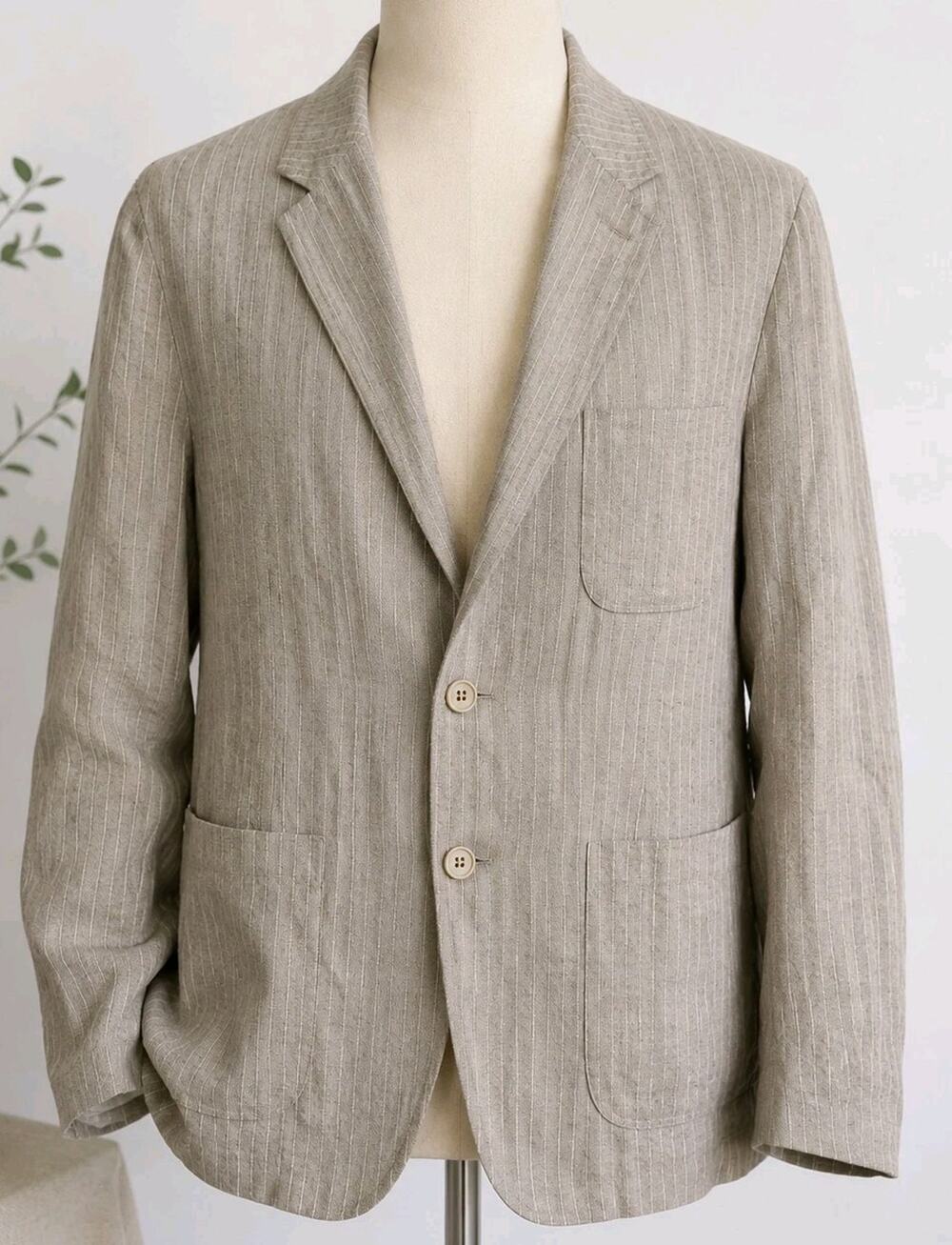 Brandini Linen Blazer Mens XL Tan Pinstripe Unstructured 2 Button Sport Coat